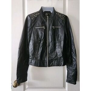 Zara Trf  Women's Leather studded motorcycle jacket‎ Black Full-Zip Size S